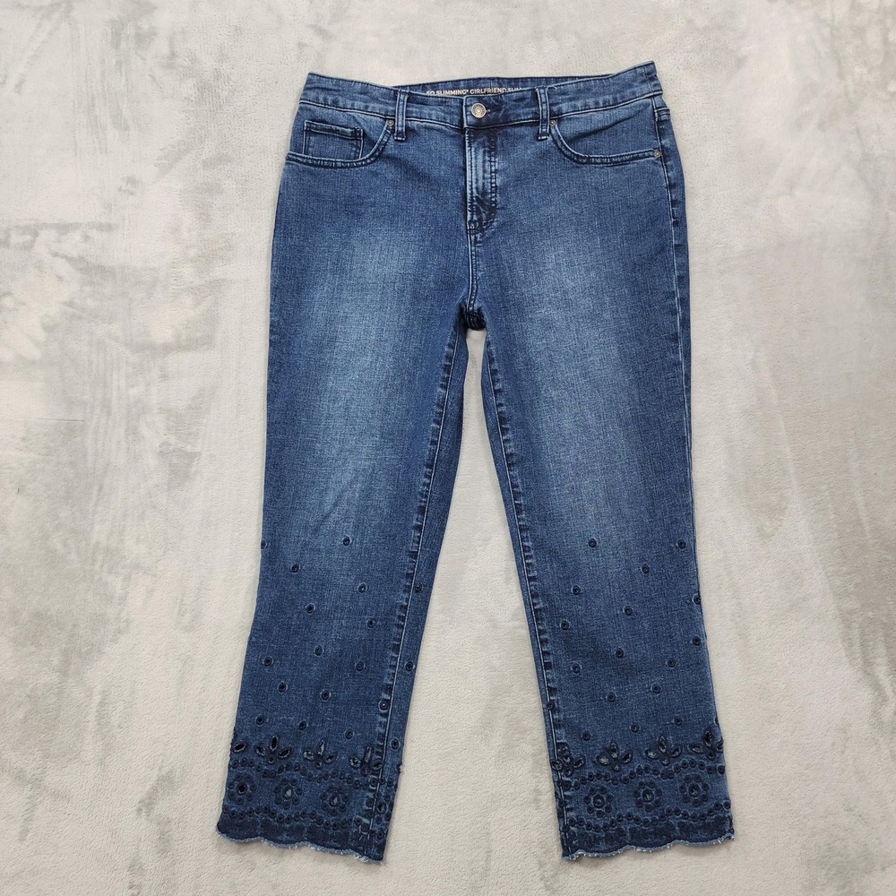 Chico's Jeans Womens 8 Blue So Slimming Girlfriend Slim Leg Crop Embroidered